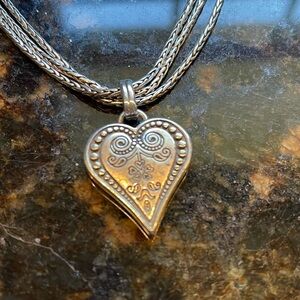 Brighton Ophelia triple strand silver etched heart pendant collar Necklace.